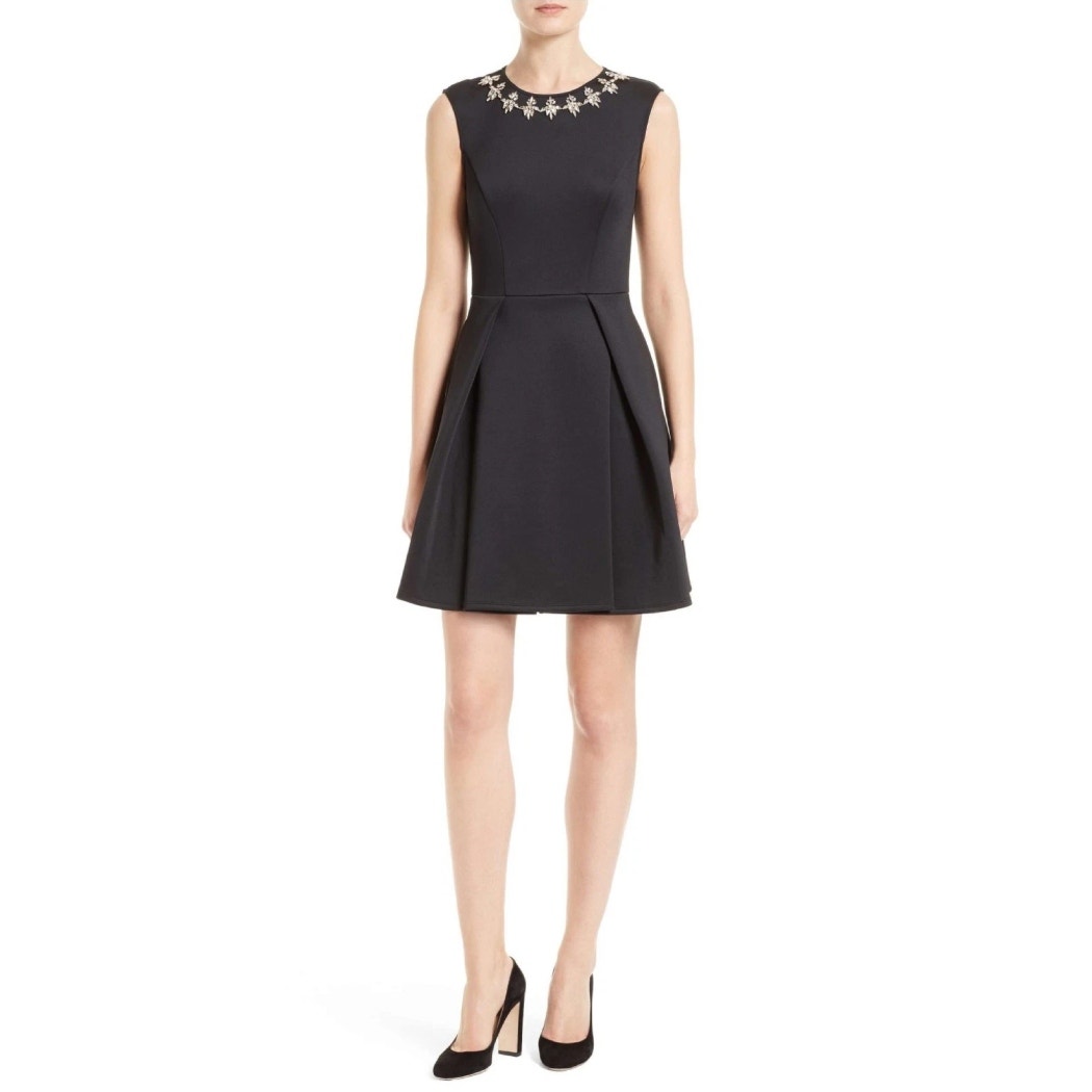 Nwot Ted Baker Black Joone Skater Dress Rhinestone Embellished Cocktail Mini L